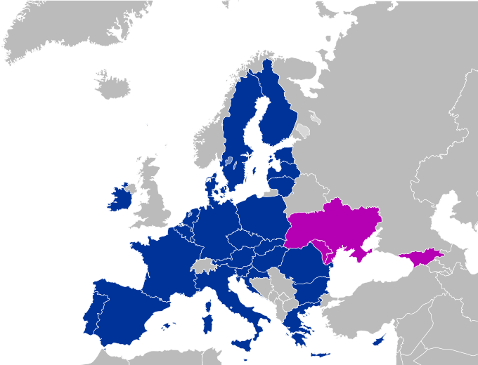 De tre lande Ukraine, Moldova og Georgien er på billedet markeret med Lilla. EU-landene er markeret med blå.